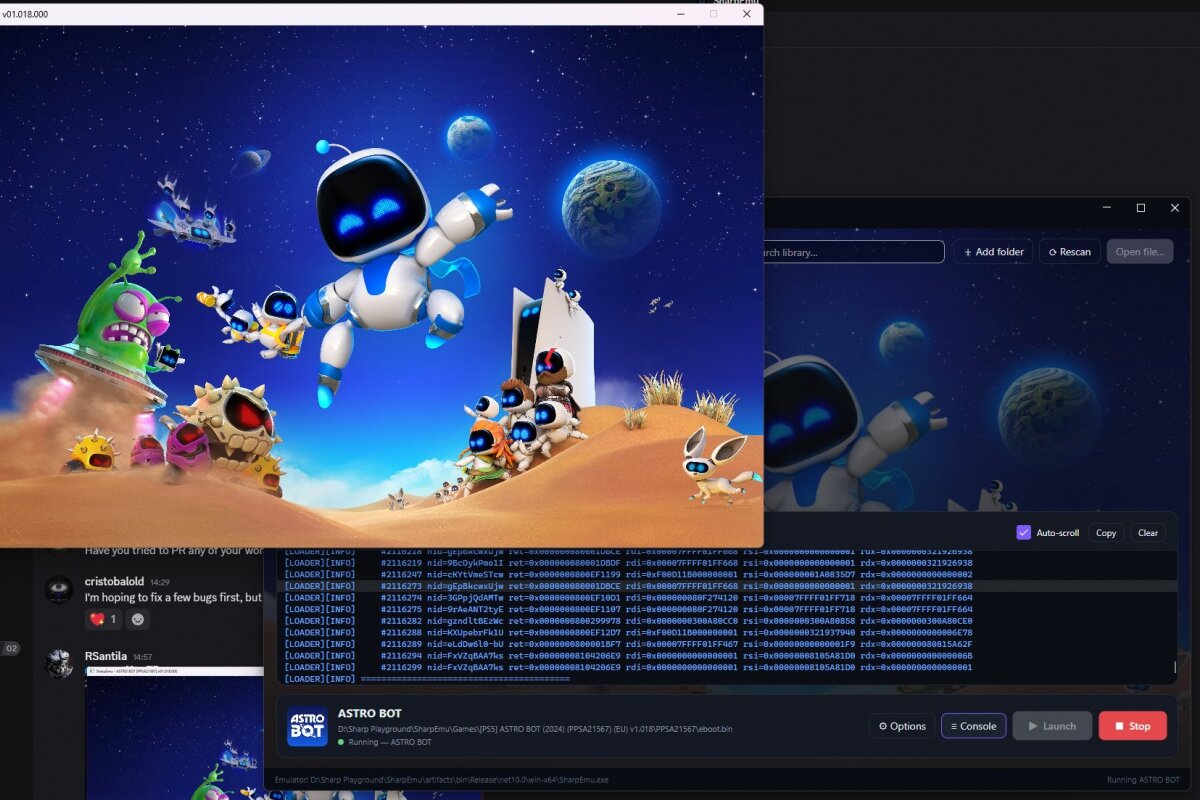 Astro Bot booting on a PC through the experimental SharpEmu emulator