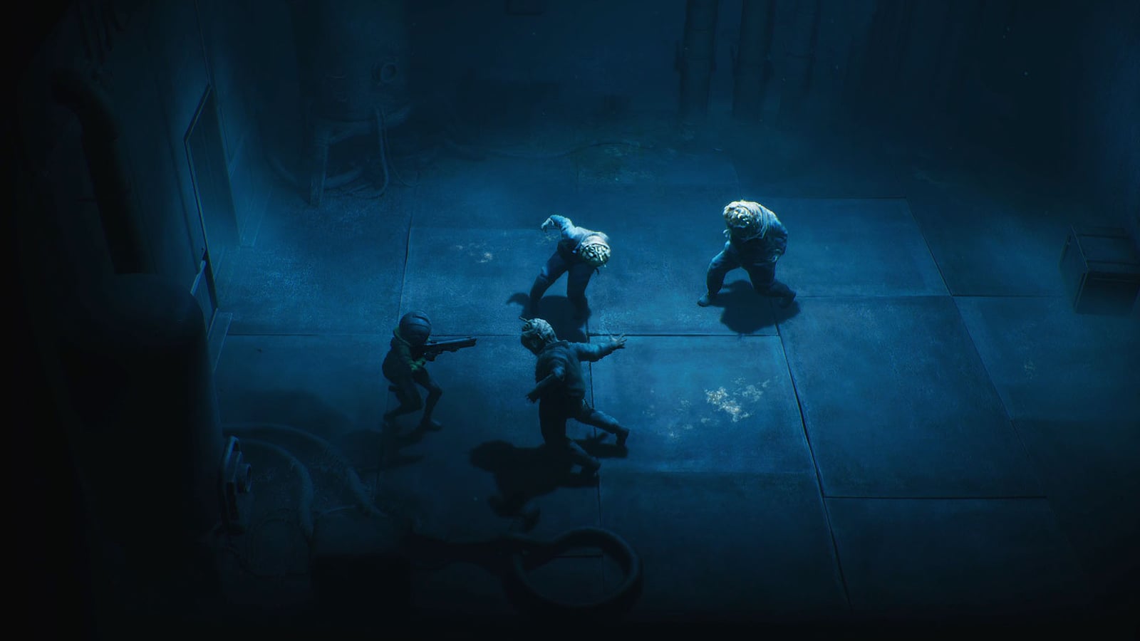 Cel aims at creatures in a blue-lit room in End of Abyss