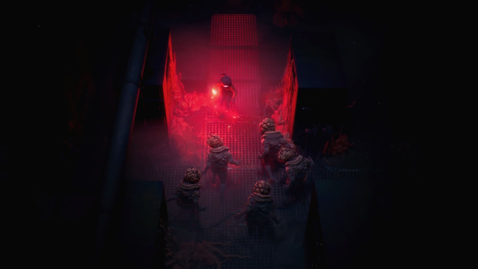 Cel and several creatures in a red-lit corridor in End of Abyss