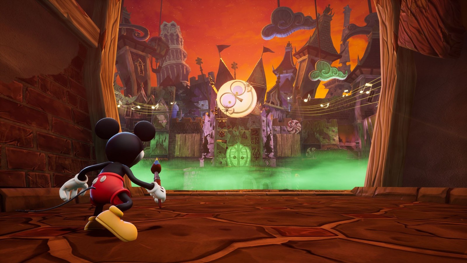 Mickey explora un escenario del Páramo con luces verdes y naranjas