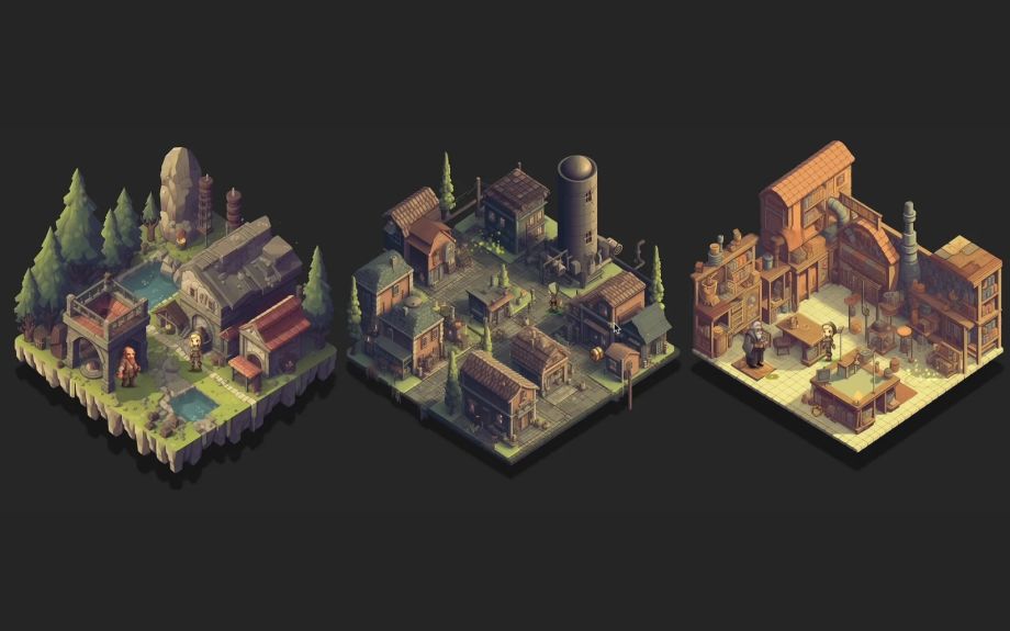 Three isometric scenes from Generated Adventure, a game built with several artificial intelligence tools