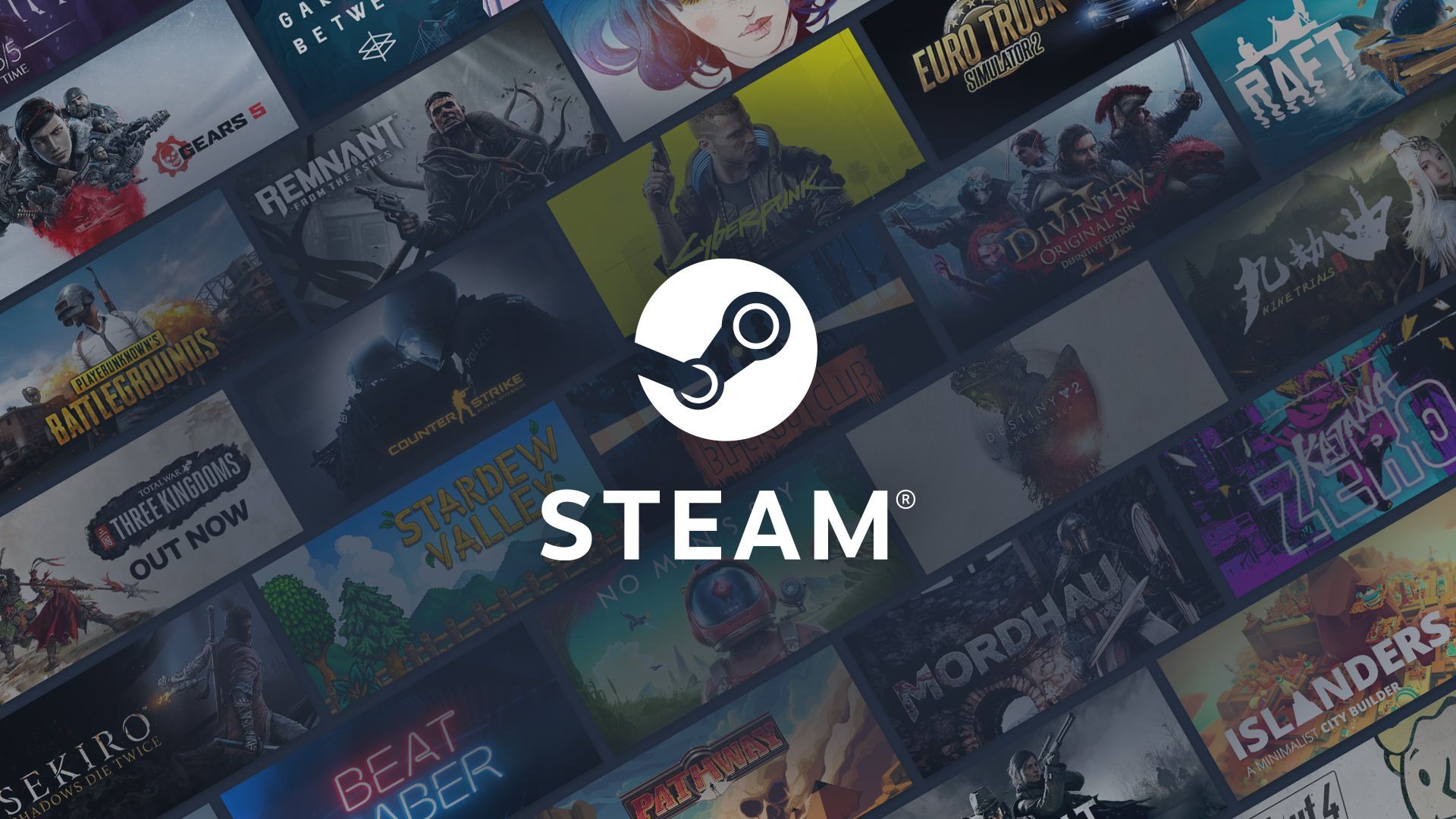 Steam logo over a mosaic of games available on Valve's store