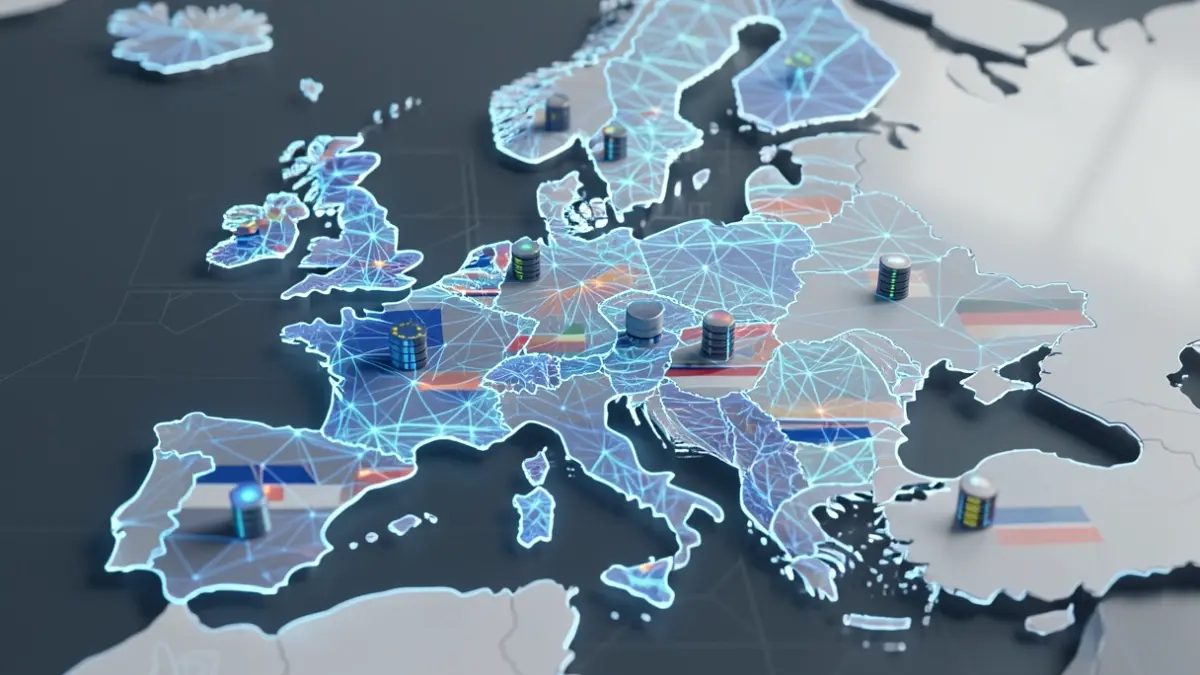 Recreación de un mapa de Europa con centros de datos conectados entre países
