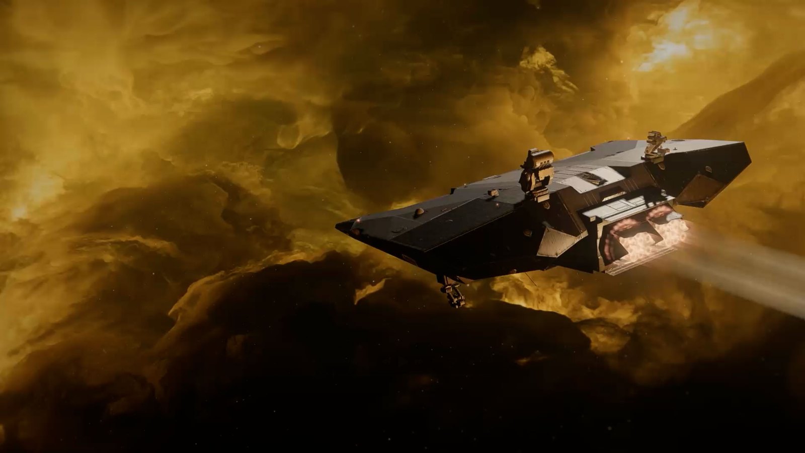 Una nave de EVE Frontier vuela entre nubes doradas