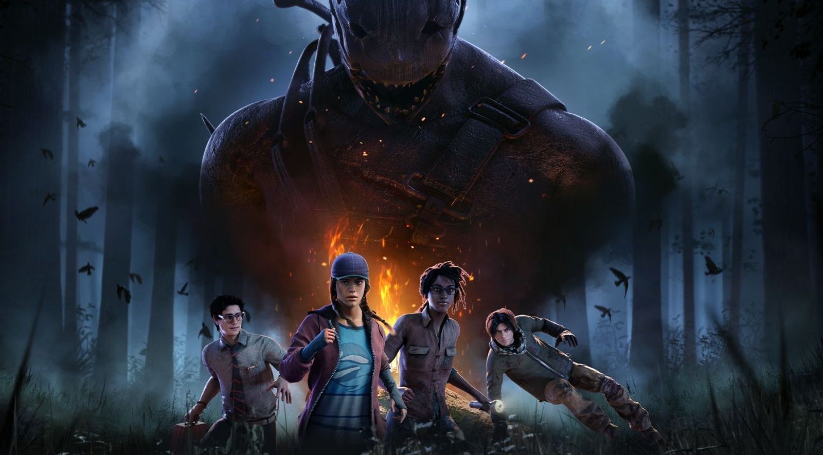 Arte oficial de Dead by Daylight con un asesino y supervivientes en la niebla