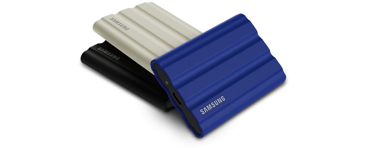 Three stacked Samsung T7 Shield external drives