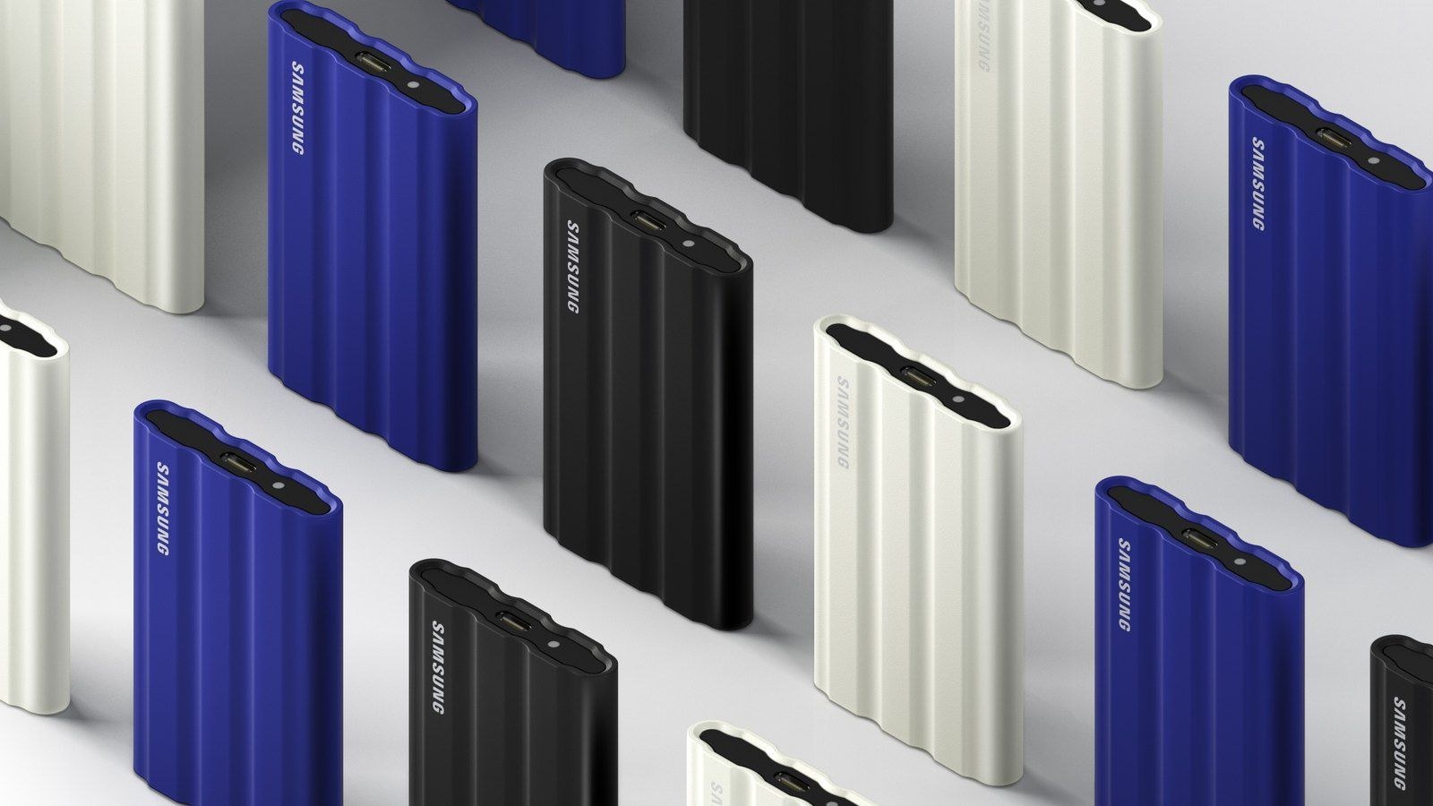 Samsung T7 Shield drives in blue, black and beige