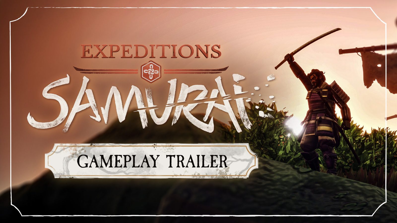 Promotional art from the Expeditions: Samurai gameplay trailer: a samurai raises his katana at sunset, beside the game's logo