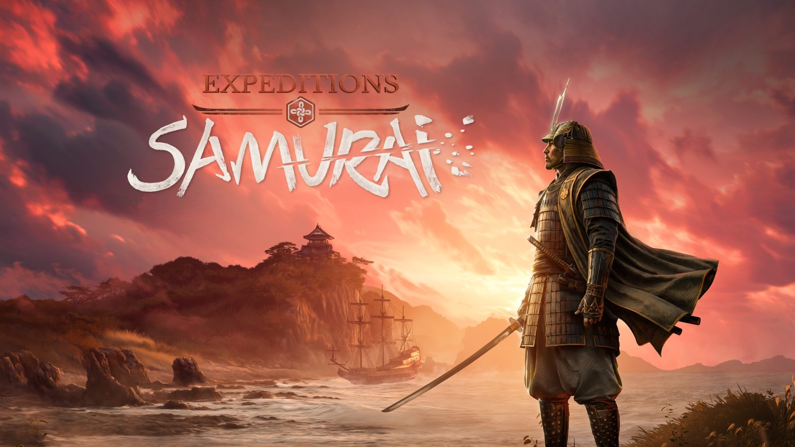 Official Expeditions: Samurai artwork, with a warrior standing on the Japanese coast beneath a red sky and the game's logo