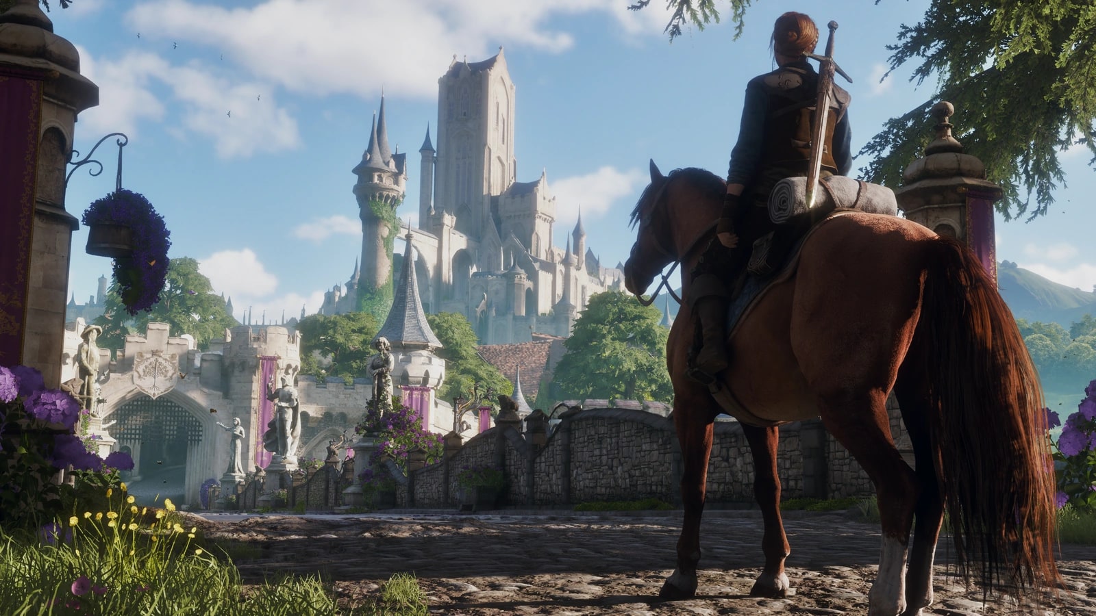 La heroína contempla el castillo de Bowerstone desde su caballo en Fable
