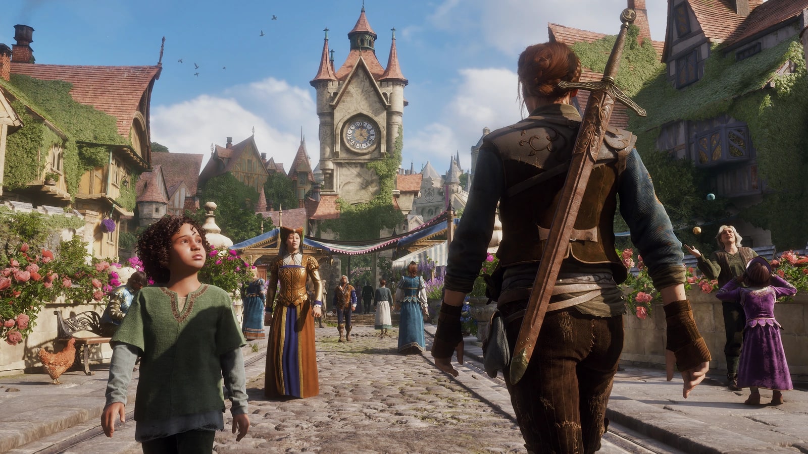 La heroína camina entre habitantes, flores y casas de Bowerstone en Fable