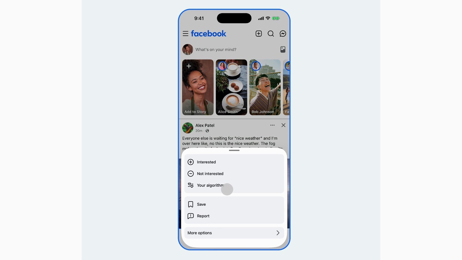 Menú de una publicación de Facebook con el acceso a Your algorithm y las opciones de feedback
