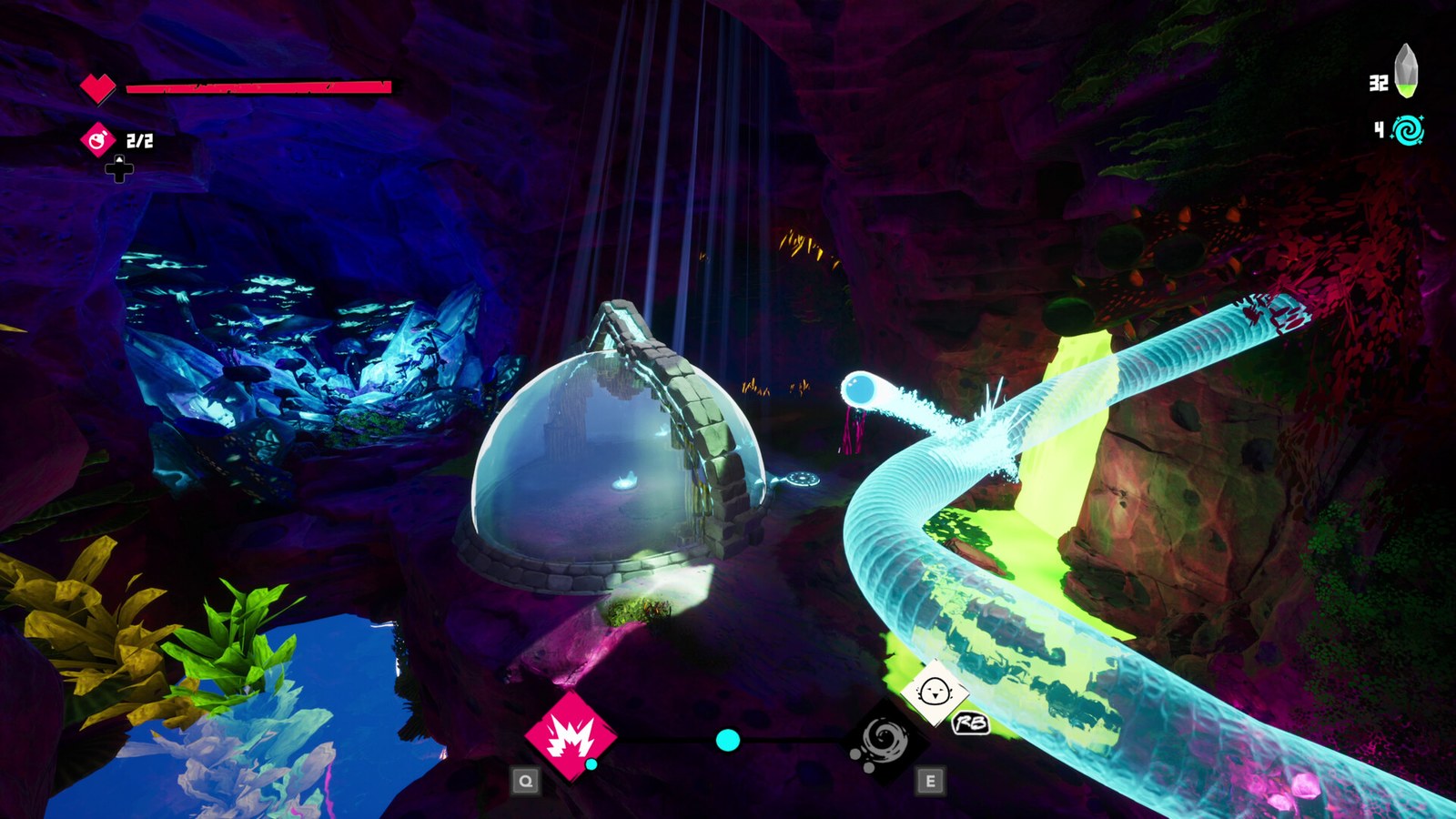 Traveling along a pipe in Fading Echo, an official PC screenshot