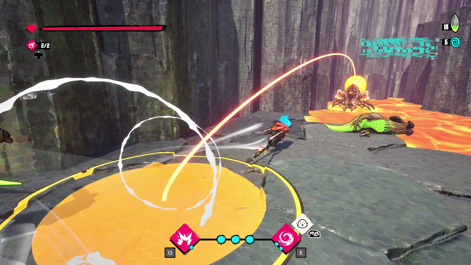 Water and lava during combat in Fading Echo, an official PC screenshot