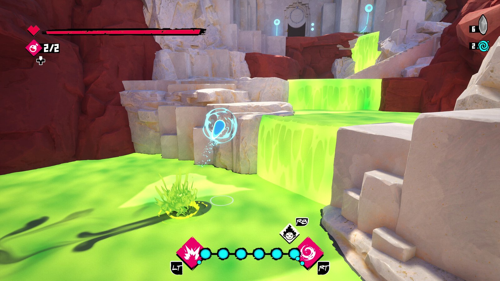 One beside a green liquid cascade in an official Fading Echo PC screenshot
