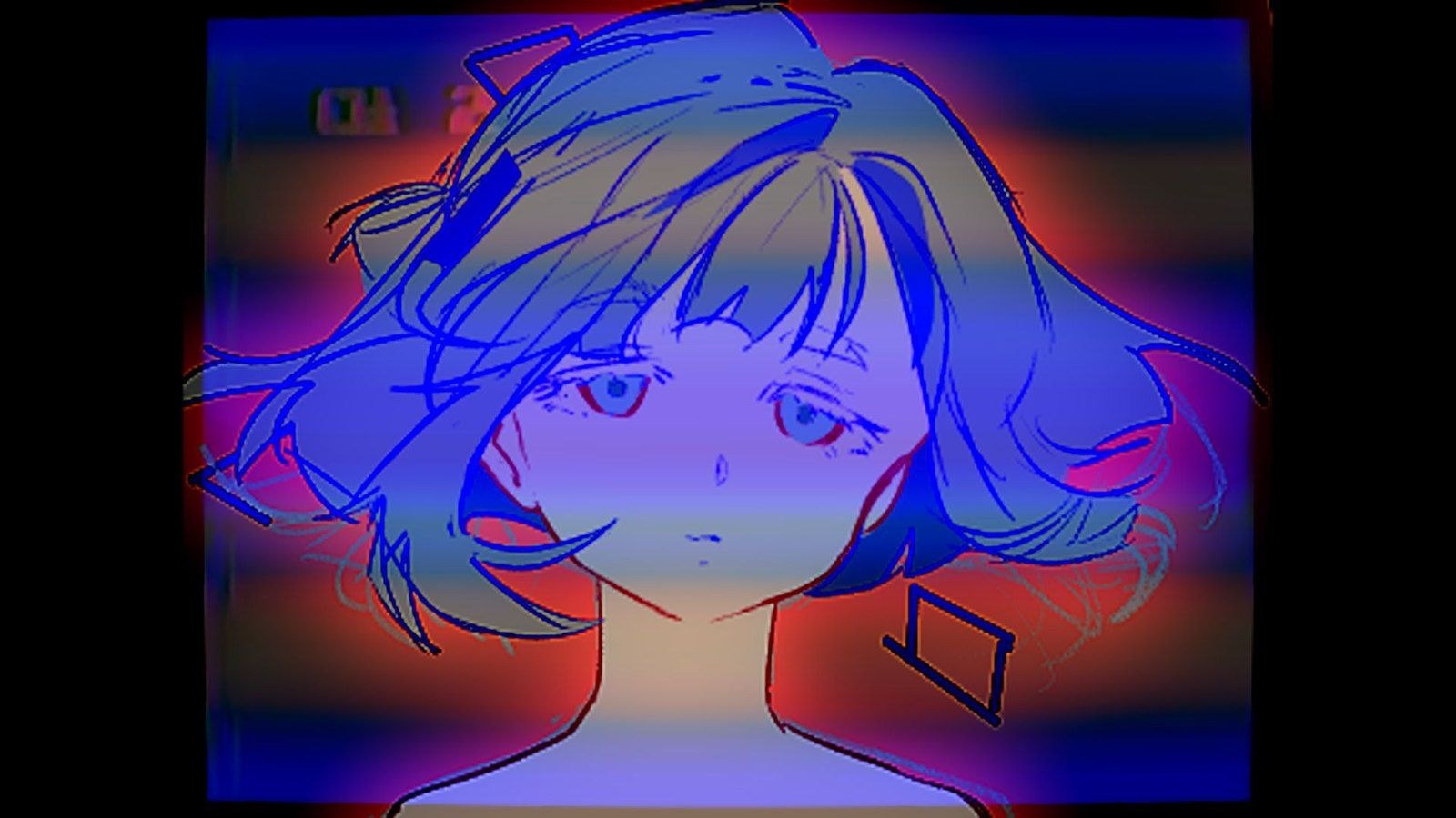 A young woman’s face in blue and red light in Faraday Blues