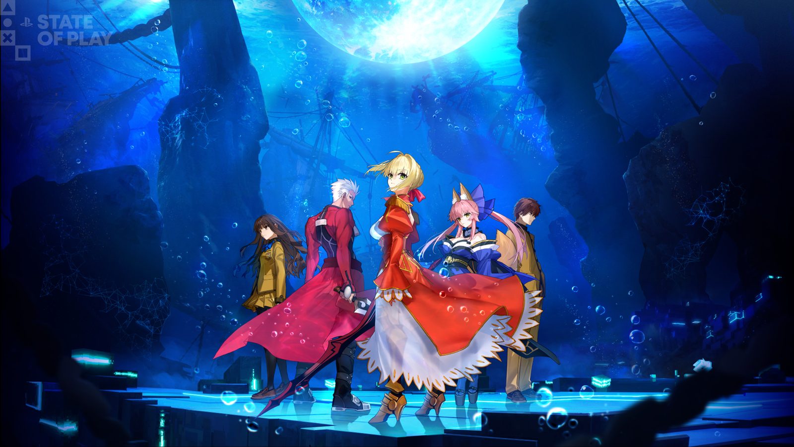 The Fate Extra Record cast stands beneath the Moon