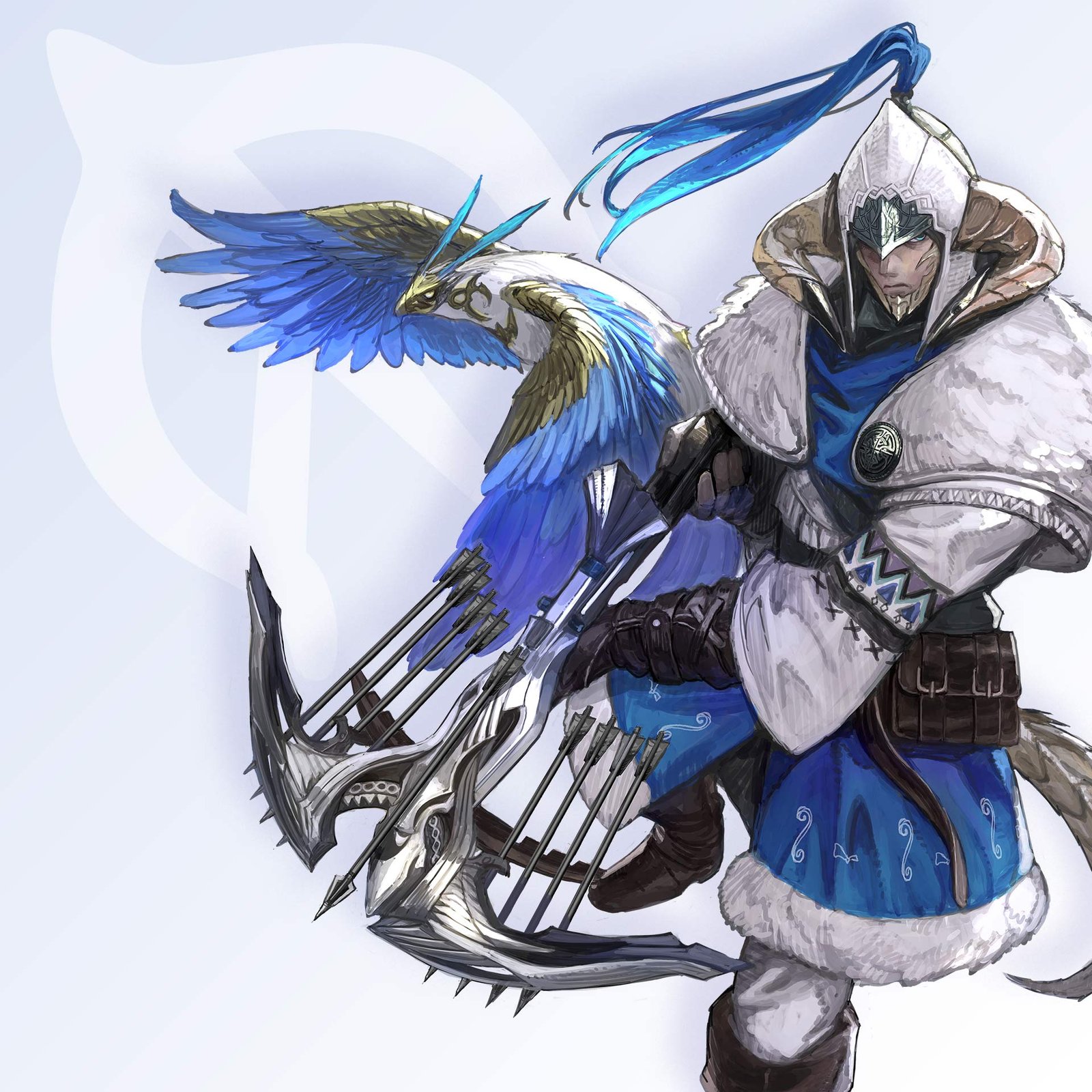 Ilustración oficial de Zephyr, el nuevo trabajo de Evercold, con su ballesta y un ave azul a su lado