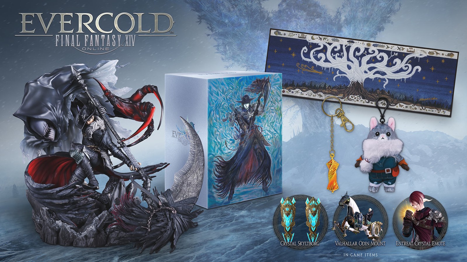 Contenido del lote de coleccionista de Evercold: figura, caja de arte, tapiz, llavero y peluche