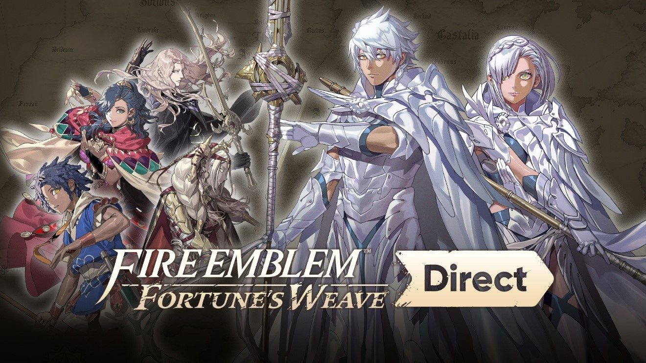 Official Fire Emblem: Fortune's Weave Direct artwork with the four heroes and the white-clad protagonist