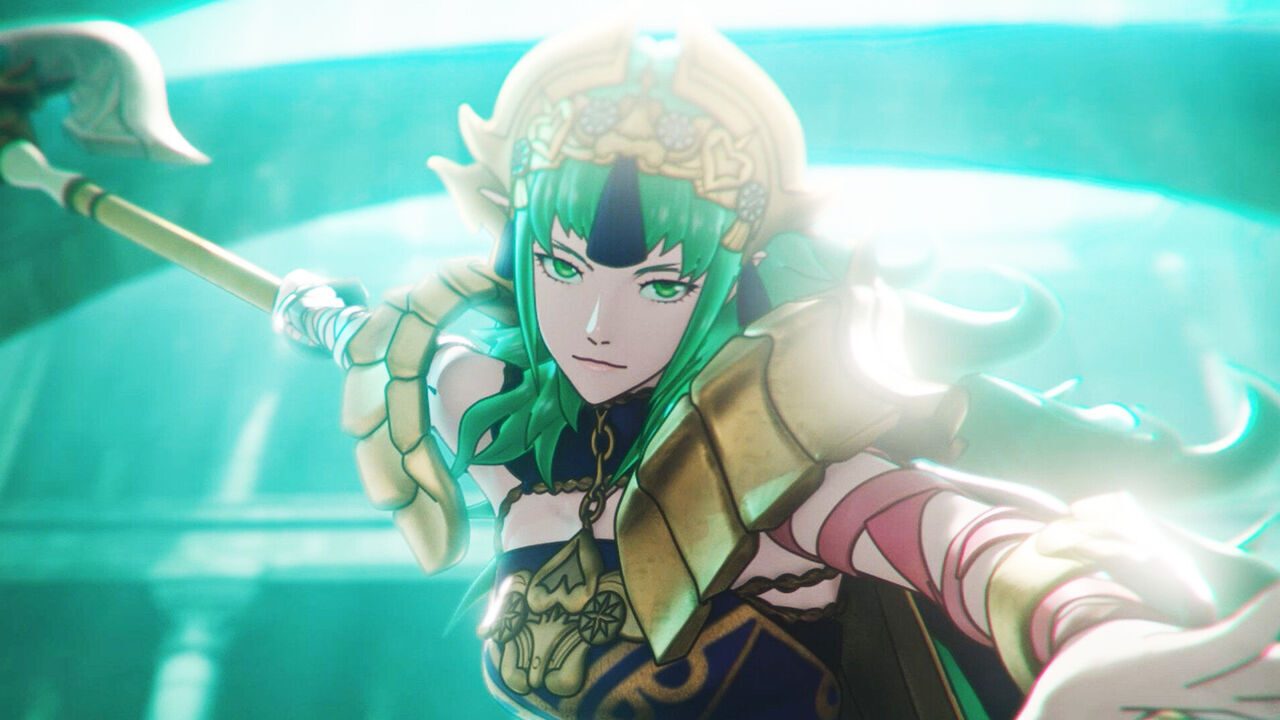 Sothis, la Diosa Madre, empuña un báculo entre destellos verdes en Fire Emblem: Fortune's Weave