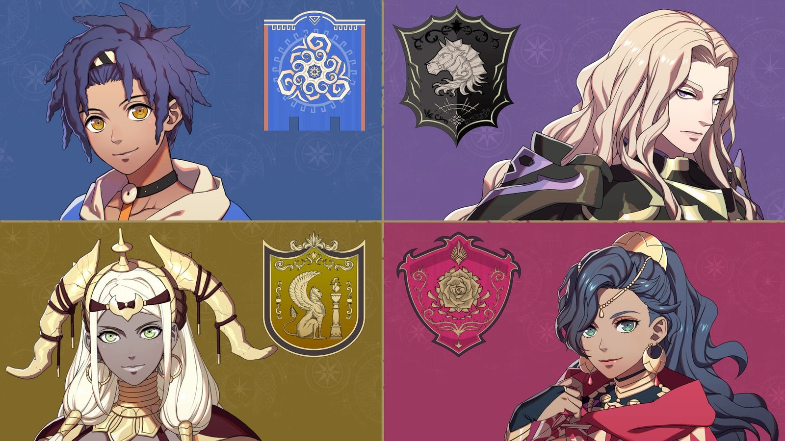 Retratos de los cuatro protagonistas y sus emblemas