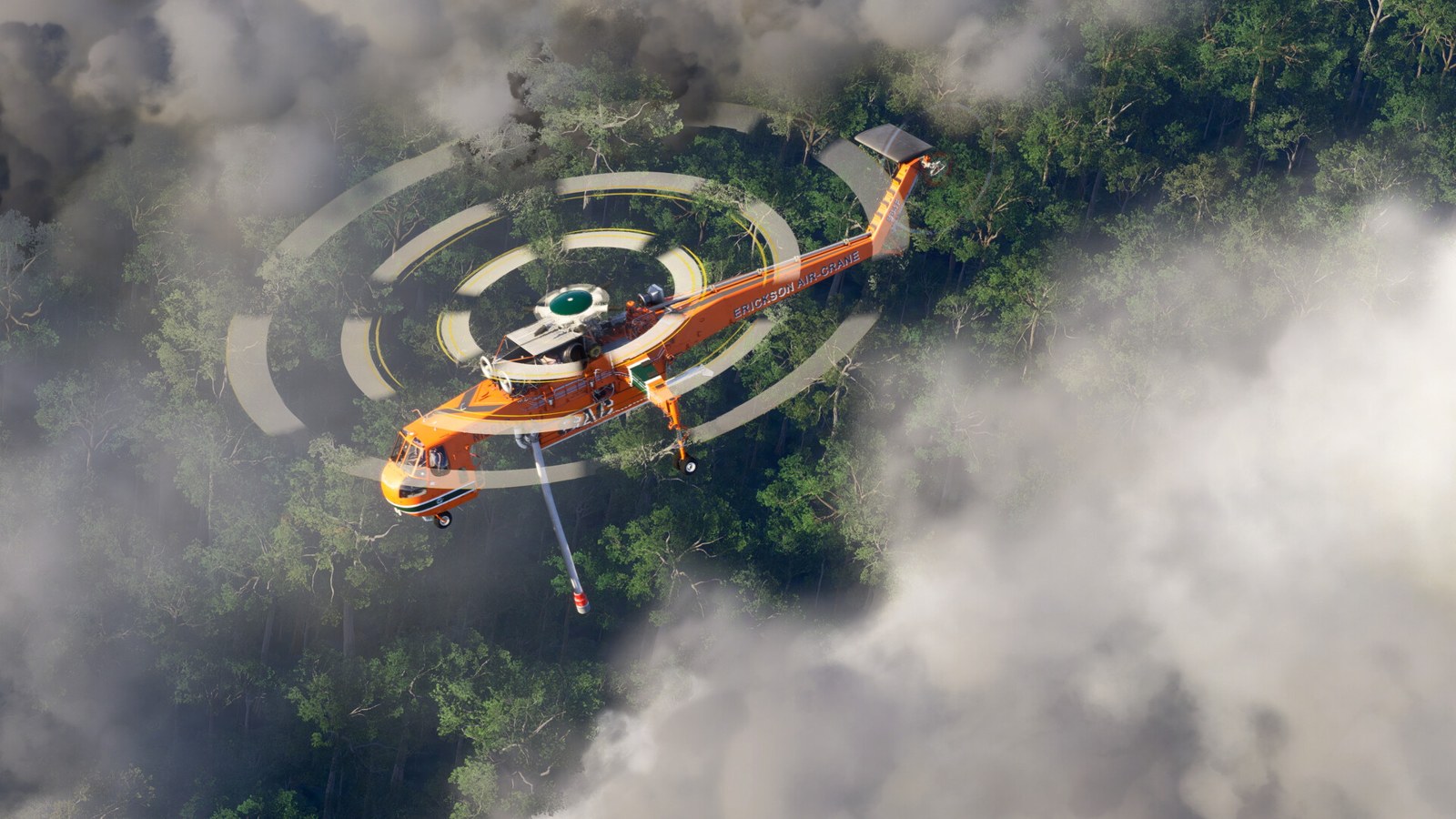Helicóptero volando sobre un helipuerto entre nubes