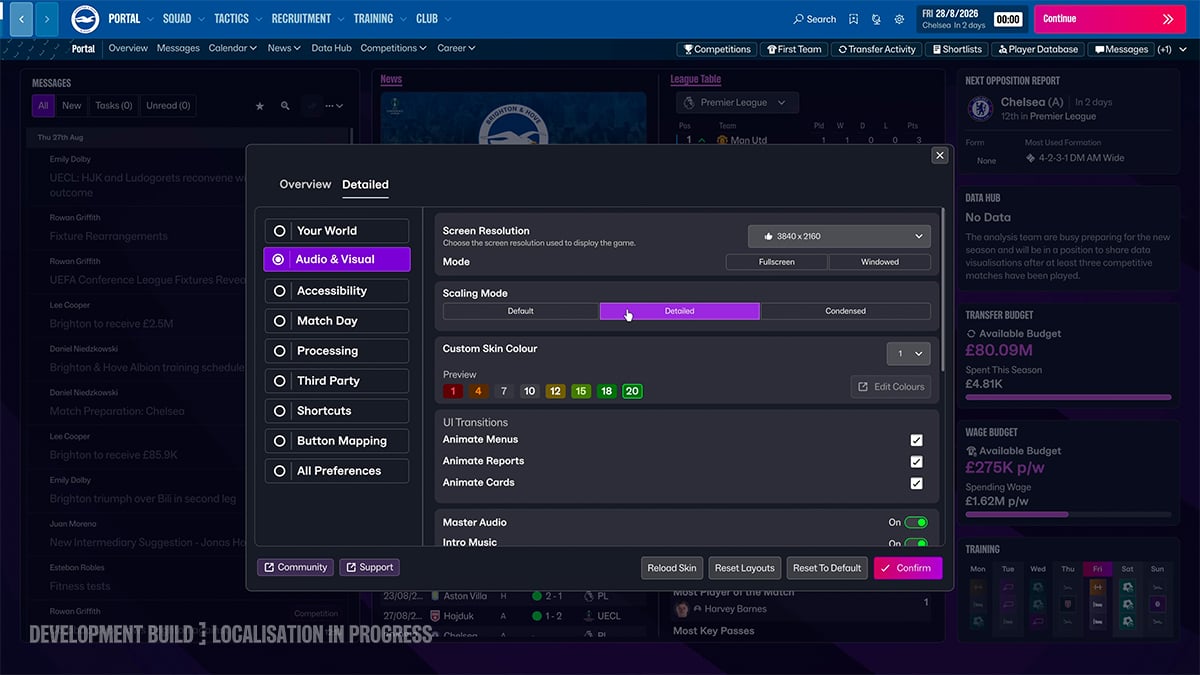 Default, detailed and condensed scaling options in Football Manager 27 development settings