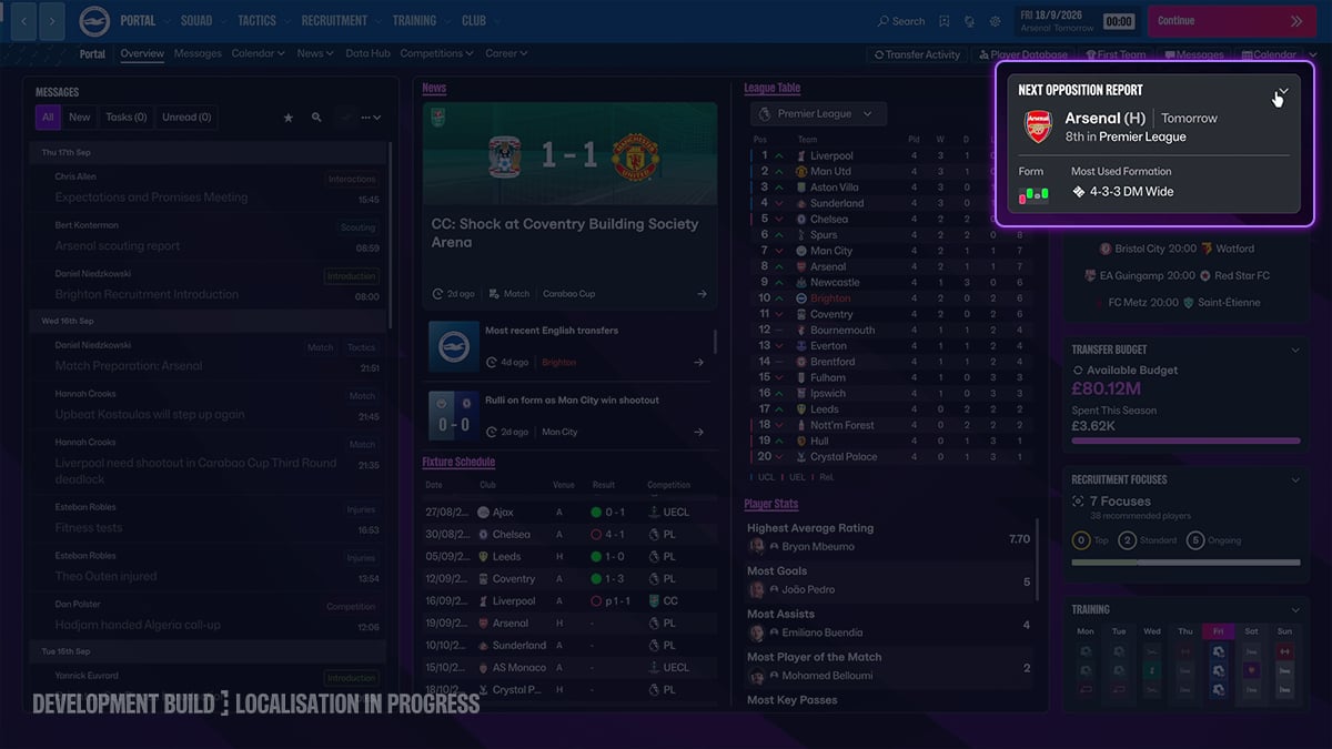 Next opposition report tile highlighted on the Football Manager 27 development dashboard
