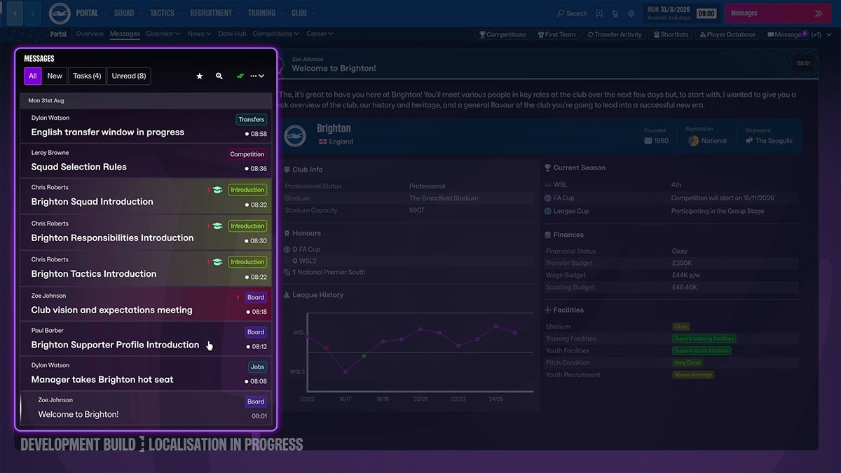Football Manager 27 messages panel over Brighton club information in a development build