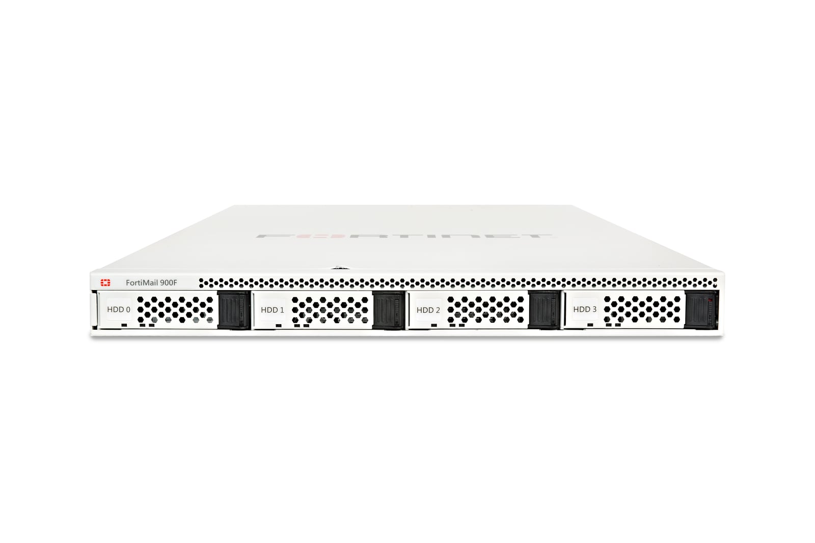 Equipo de seguridad de correo FortiMail 900F de Fortinet, visto de frente y desde arriba