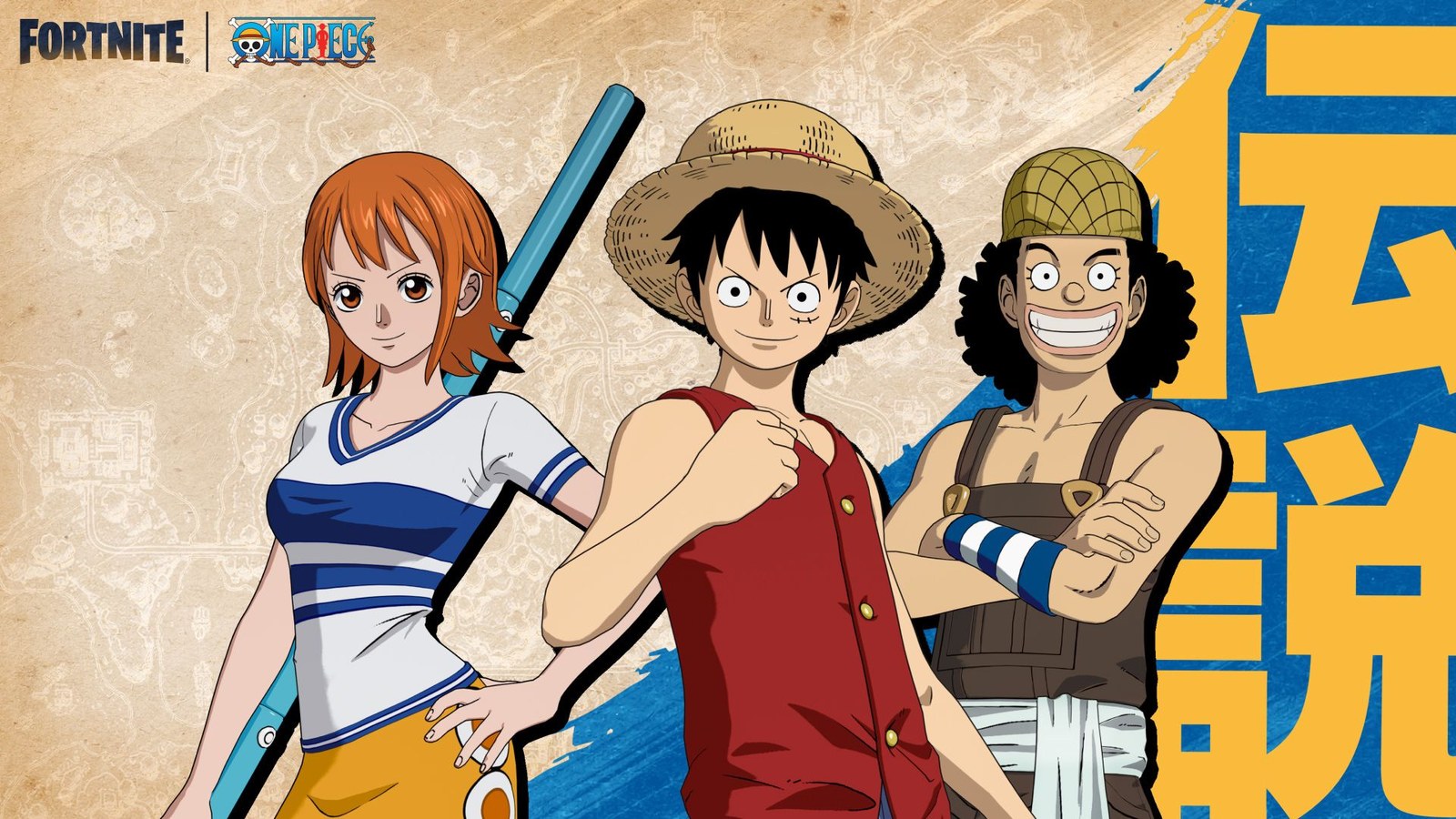 Nami, Luffy y Usopp de One Piece con su aspecto en Fortnite
