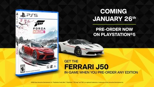 Forza Horizon 6 PS5 preorder announcement featuring the Ferrari J50