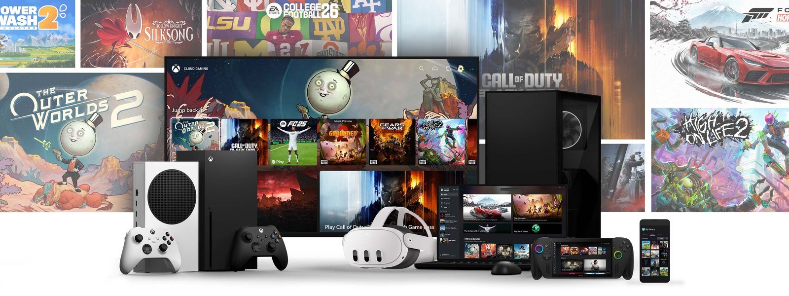 Consolas Xbox, mandos, un portátil, una consola portátil, un visor de realidad virtual y un móvil en los que funciona Game Pass