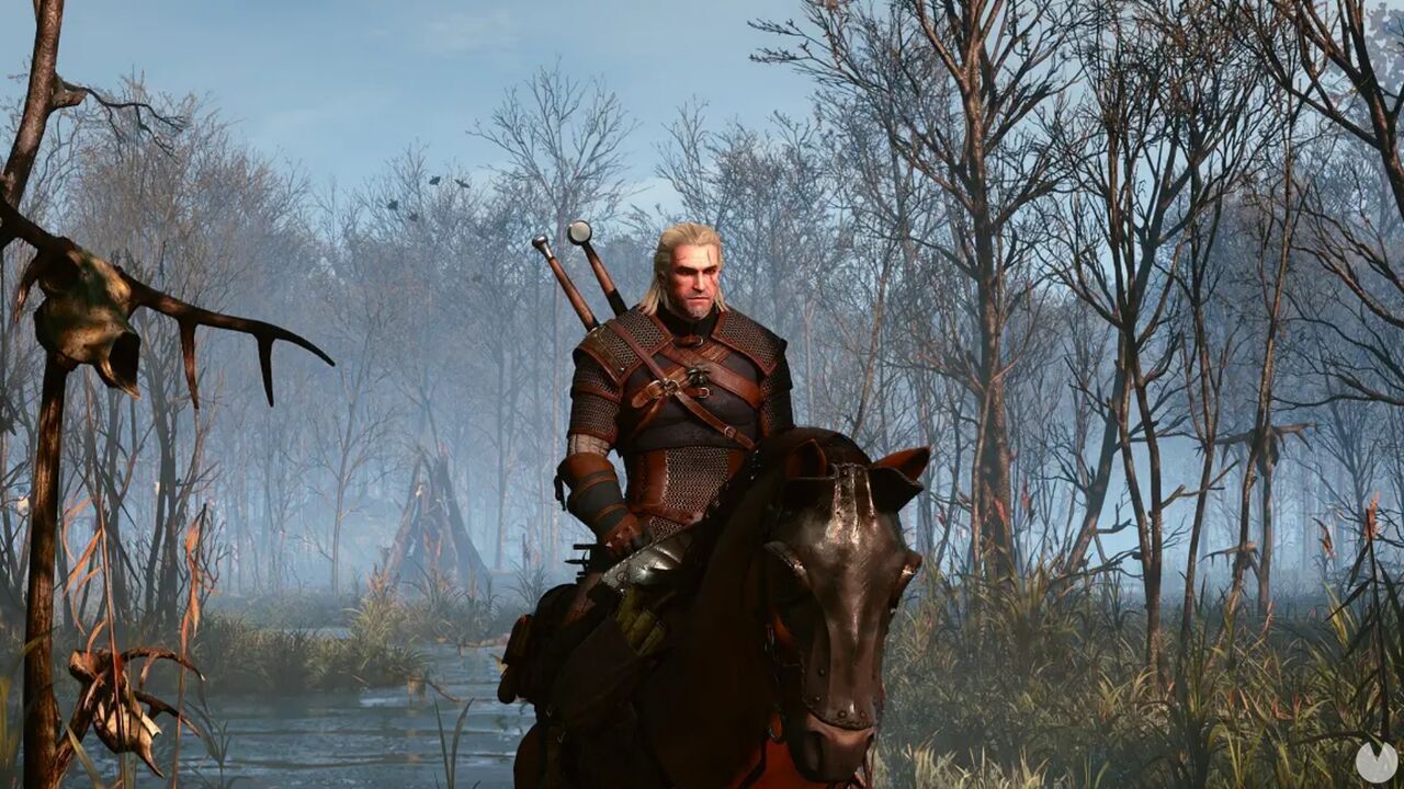 Geralt of Rivia on horseback in a wooded area from The Witcher 3