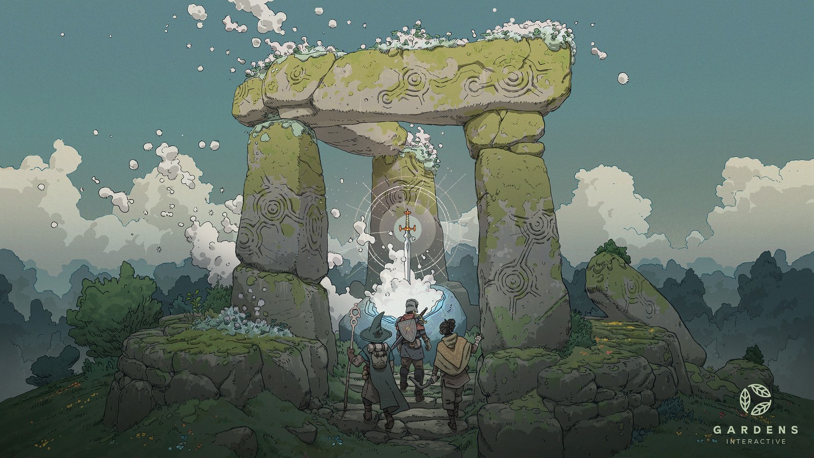 Arte conceptual oficial de Gardens con aventureros ante un santuario