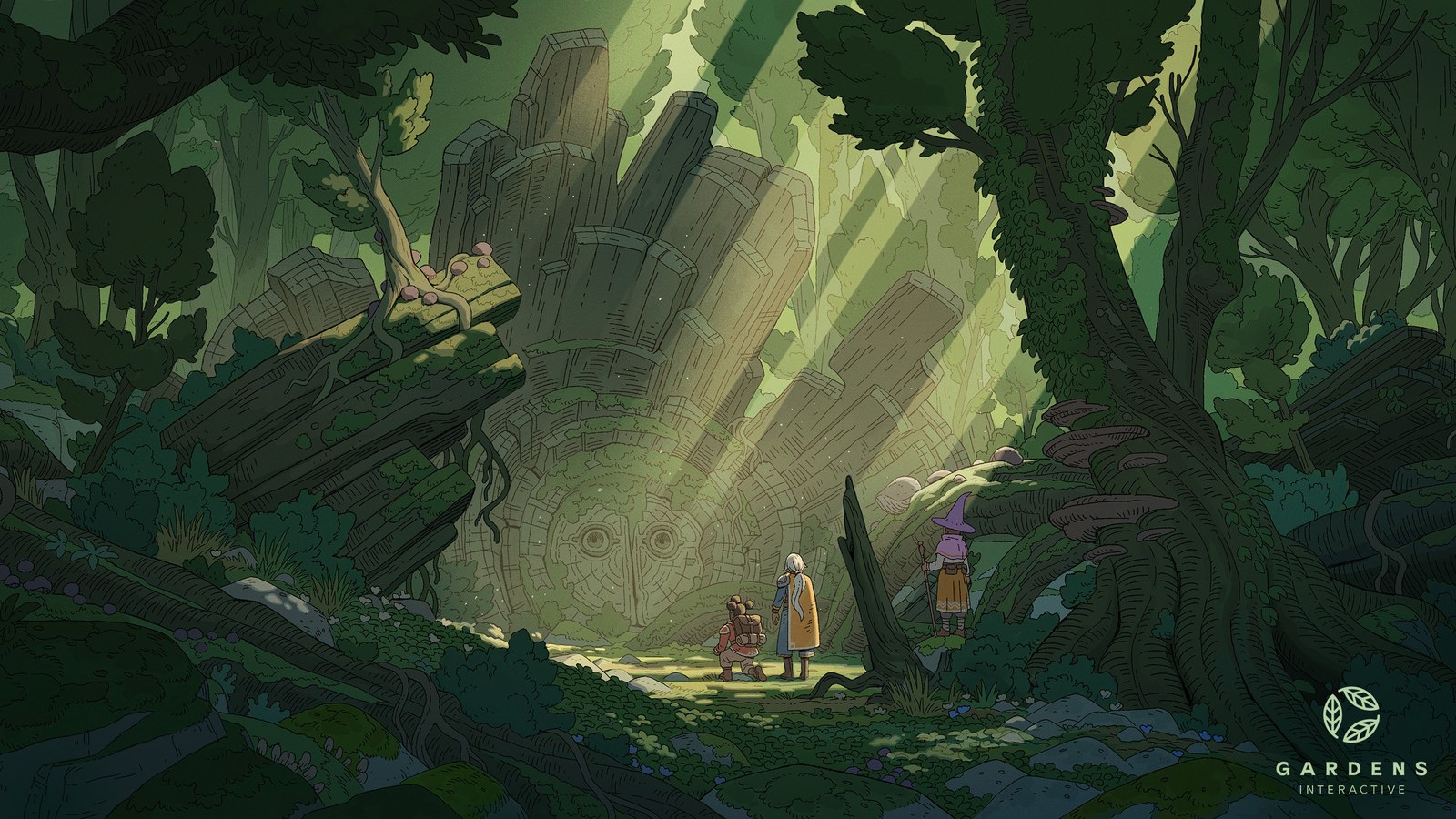 Arte conceptual oficial de Gardens con una puerta entre árboles gigantes