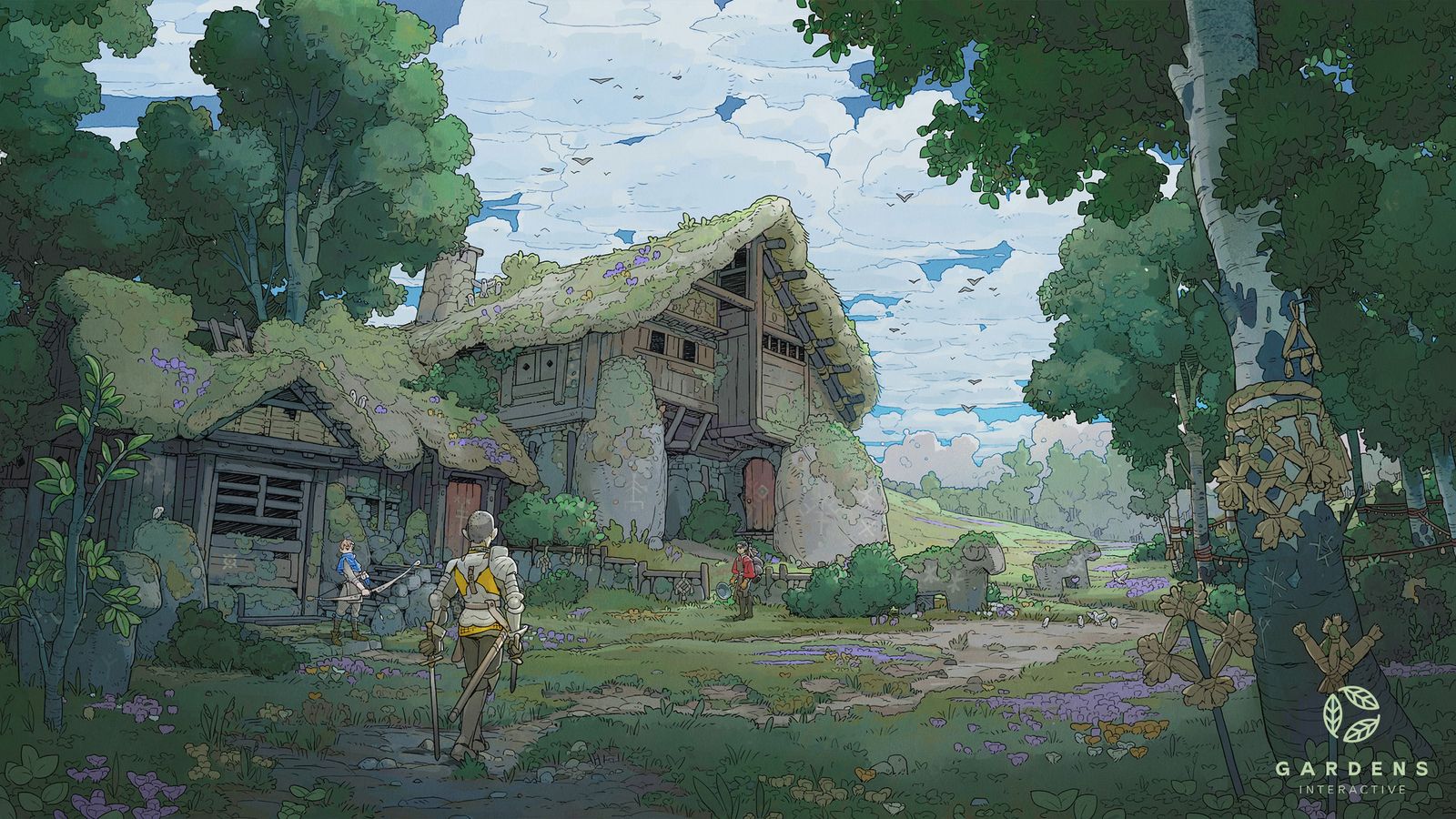 Official Gardens concept art showing adventurers beside a forest house