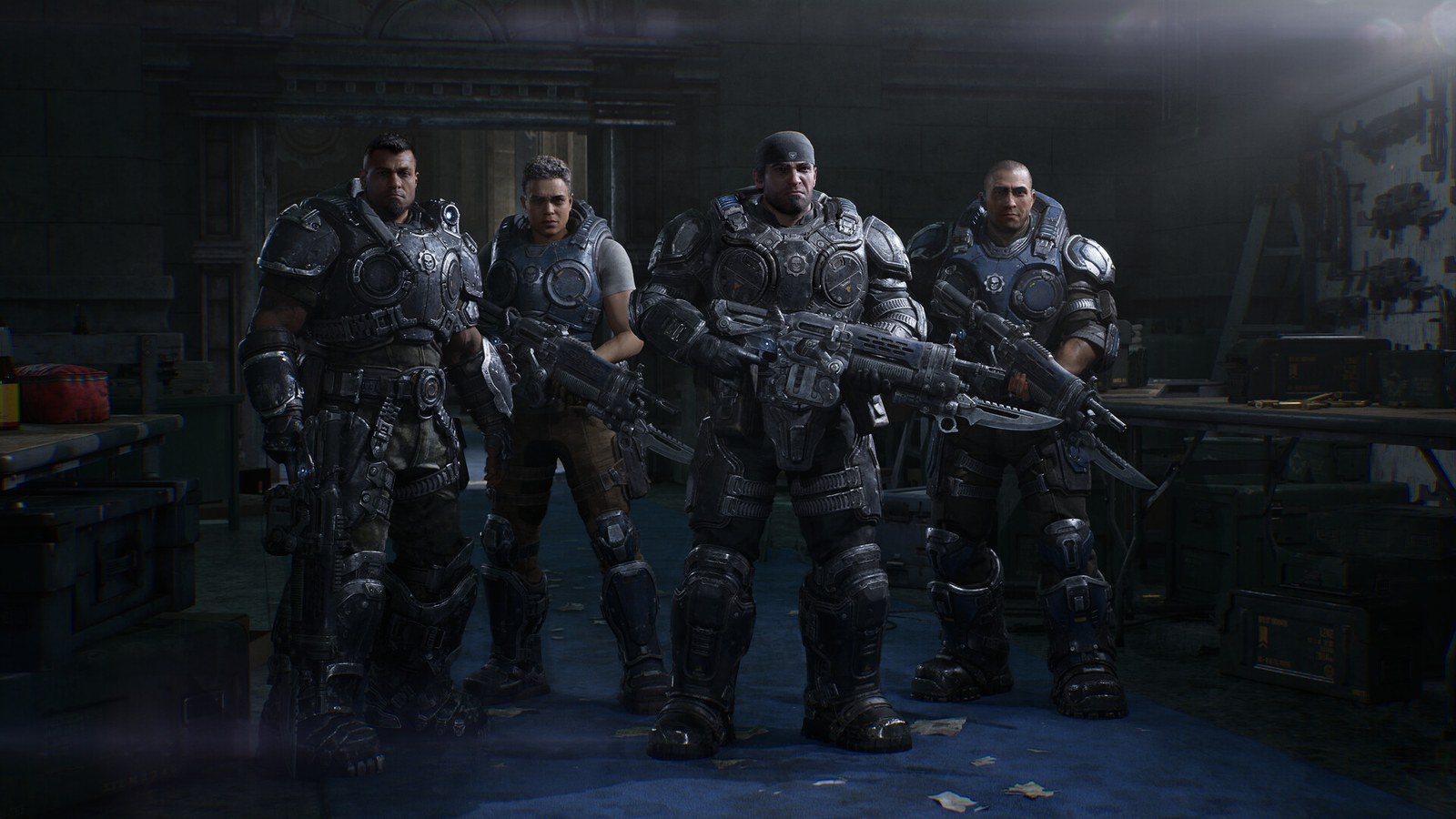 Un escuadrón de cuatro soldados avanza en un escenario oscuro de Gears of War: E-Day
