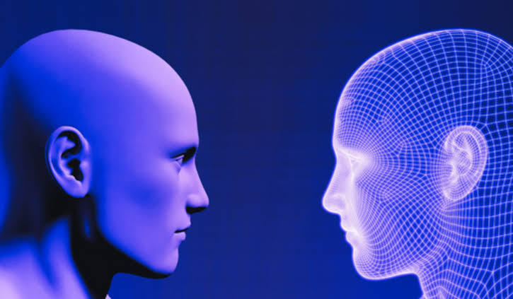 A human figure facing a wireframe digital replica