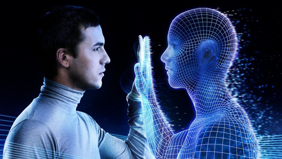 A man facing a digital representation of his own body