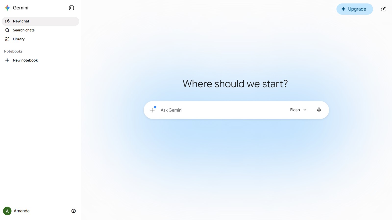 Gemini's home screen in a web browser, with the box for typing a request