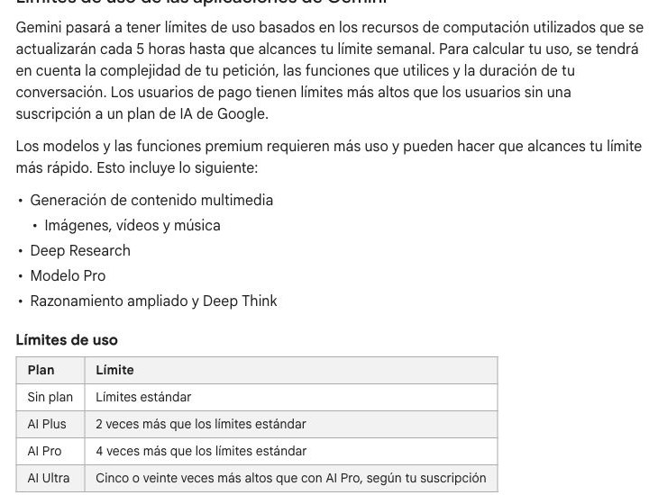Explicación de Google sobre consumo y límites de Gemini