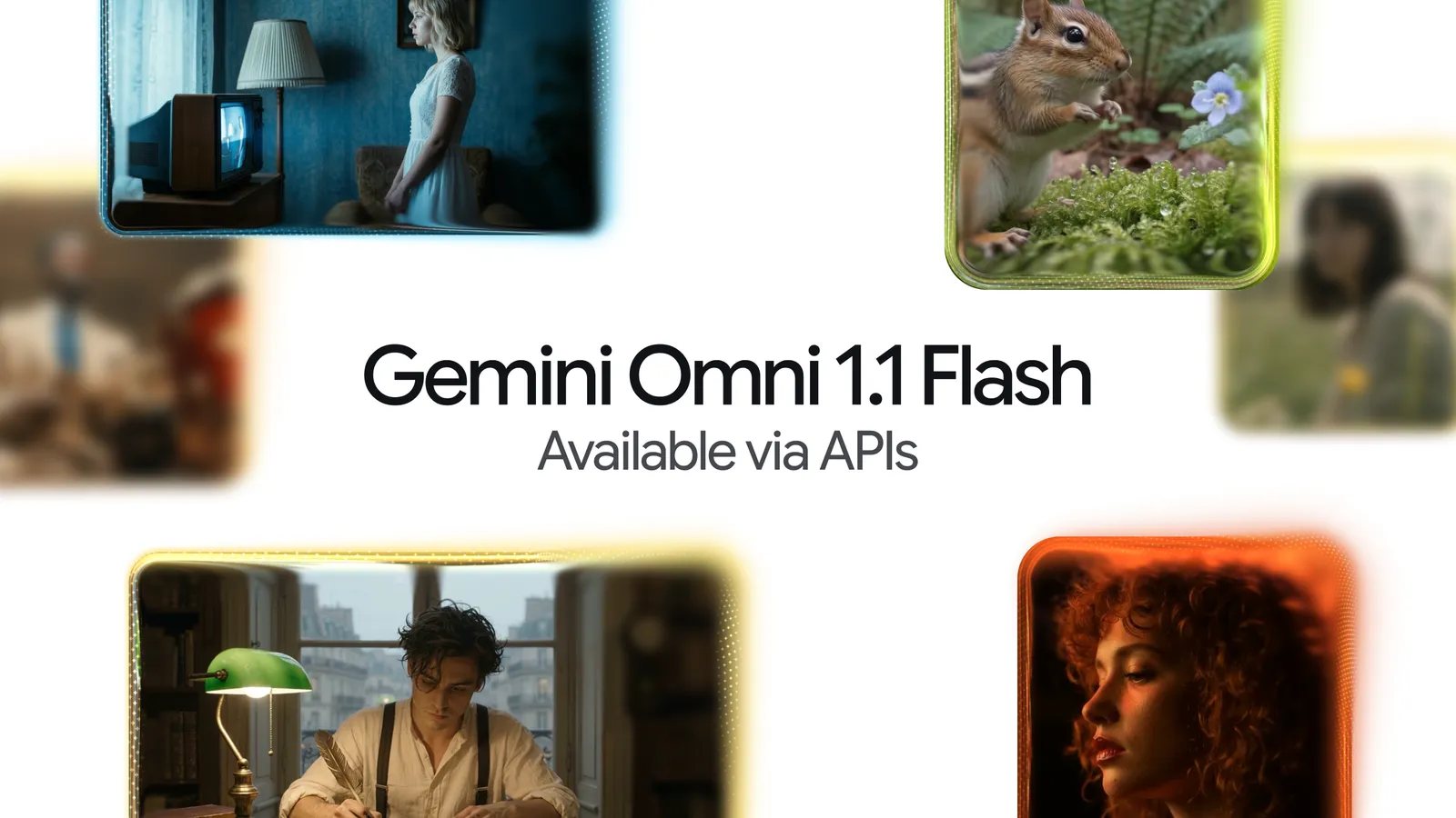 Arte oficial de Gemini Omni 1.1 Flash rodeado de escenas de vídeo generadas con IA