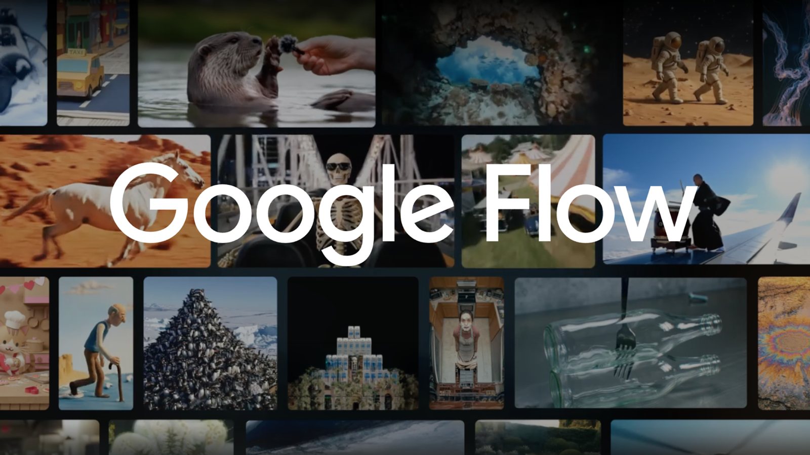 Mosaico de vídeos generados con inteligencia artificial alrededor del logotipo de Google Flow