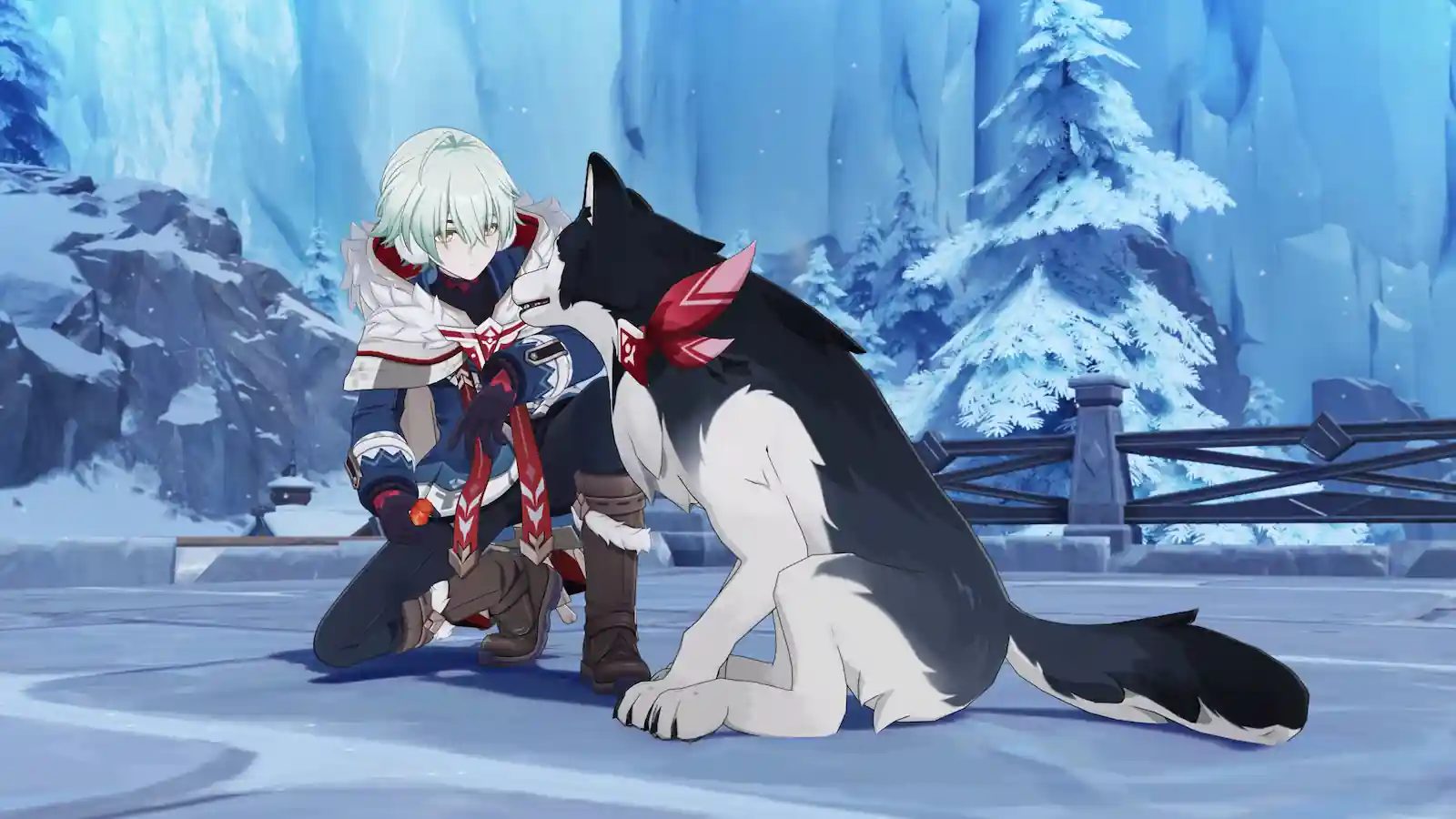 Aliosha kneeling beside a black-and-white wolf in a frozen Snezhnaya landscape