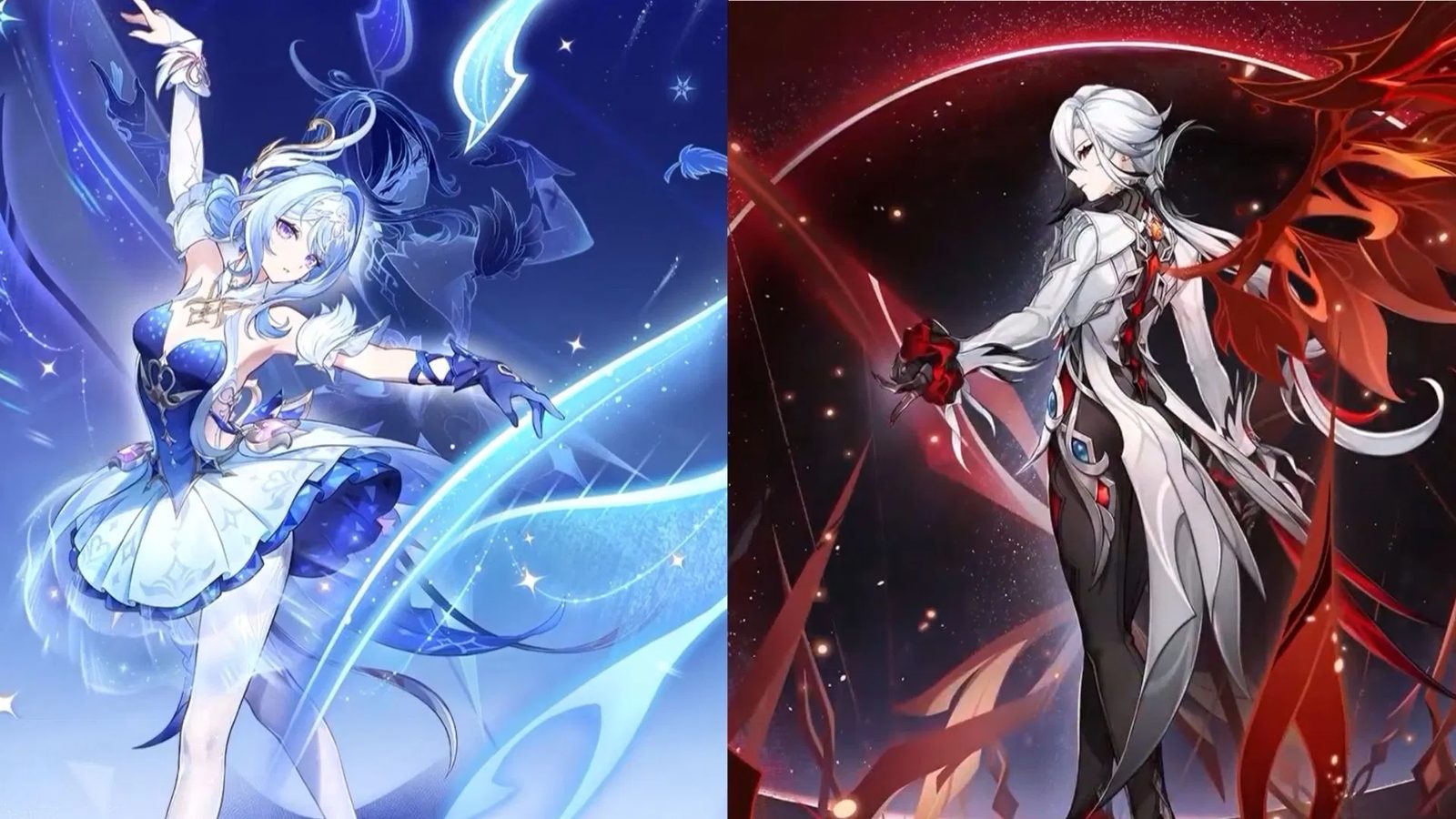 Artes de los banners de Odette, de azul sobre fondo helado, y Arlecchino, de blanco sobre fondo rojo