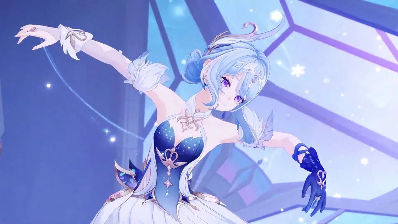 Primer plano de Odette bailando ballet con su vestido azul y blanco en Genshin Impact