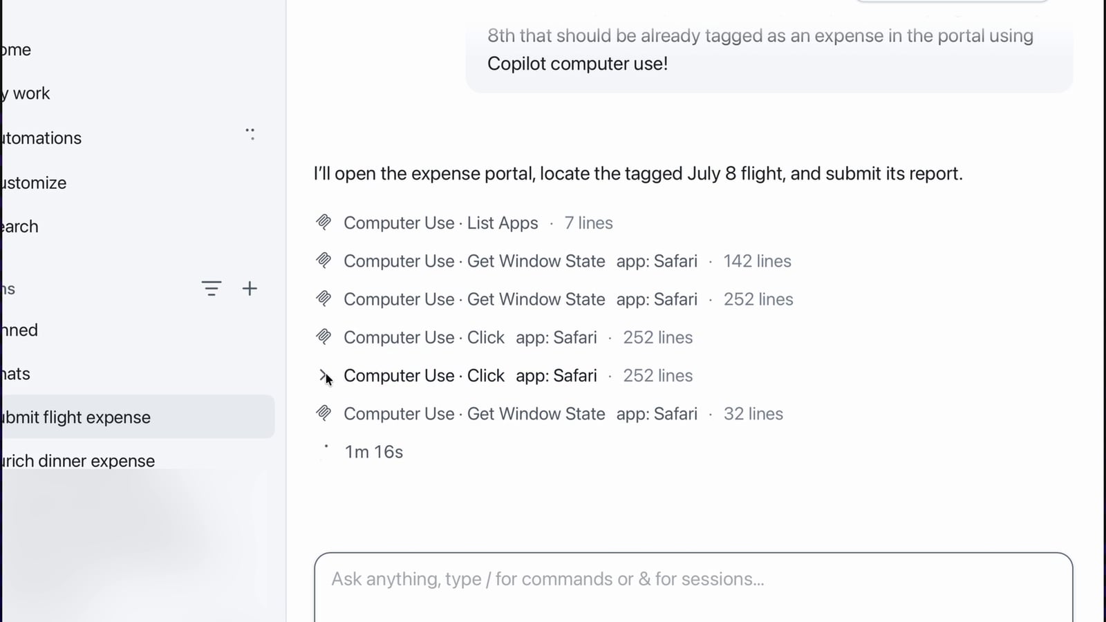 Fotograma de la demostración oficial de GitHub Copilot: la aplicación enumera acciones de lectura y clic sobre Safari para tramitar un informe de gastos.