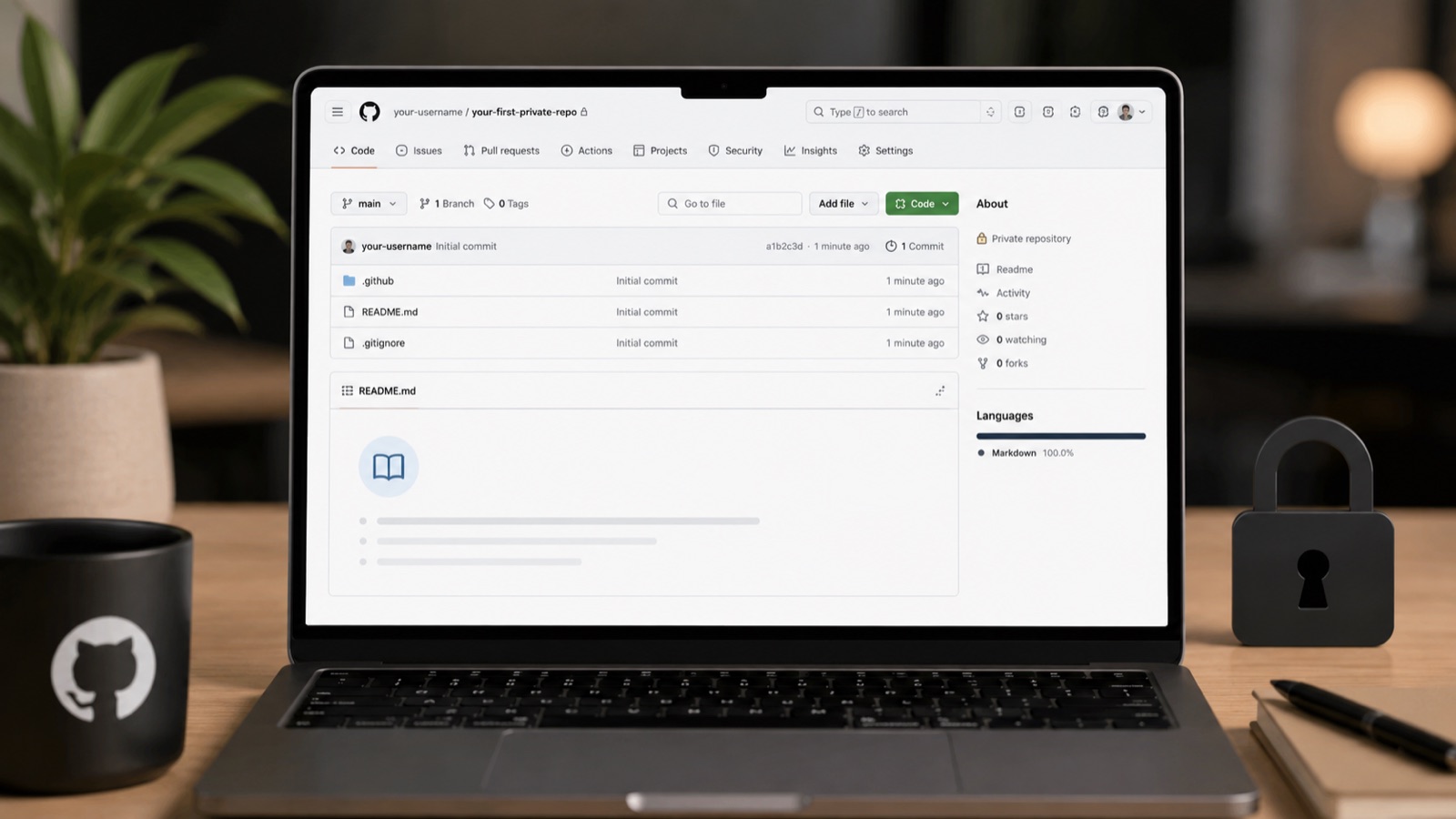 Repositorio privado de GitHub con la rama main y el archivo README visibles